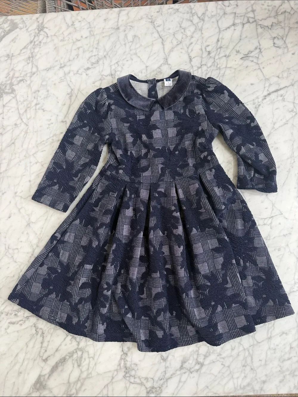 Janie and Jack Navy Velvet Printed Jacquard Dress Sz 7